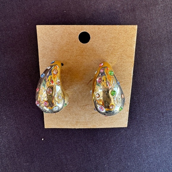 Gold Teardrop Earrings with Multicolor Gems - Picture 1 of 1
